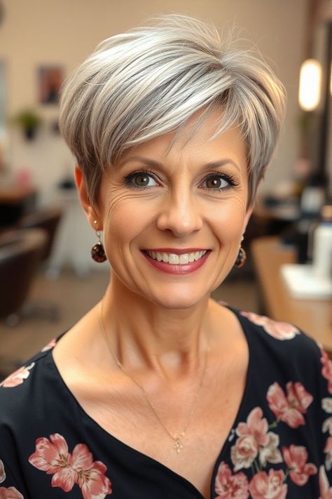 Soft Silver Pixie with Layers, pixie hair color idea, pixie haircut, pixie hair color Pixie With Layers, Grey Pixie Hair, Pixie Hair Color, Pixie Cut With Highlights, Gray Pixie, Silver Pixie, Haircut Pixie, Hair Color Idea, Hair Colour Ideas