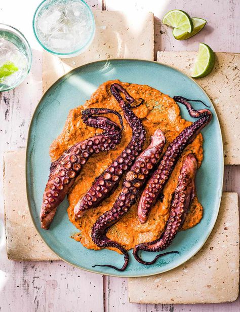 Try this simple, refreshing twist on the classic Spanish sauce. Pepped up with chilli and plenty of lime, it works beautifully with the buttery-sweet charred octopus Sauce For Octopus, Spanish Octopus Recipe, Seafood Octopus, Charred Octopus, Spanish Sauce, Octopus Recipes, Grilled Fish Recipes, Romesco Sauce, Grilled Octopus