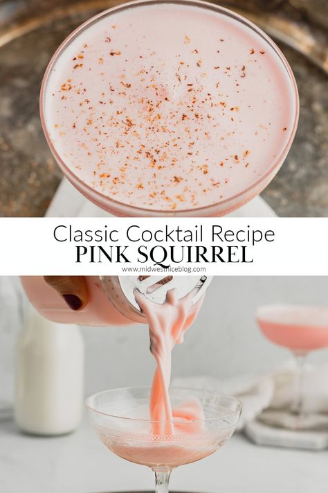 The Pink Squirrel is a pretty pink retro cocktail that is sweet and creamy that tastes like almond and cocoa. Served chilled and garnished with a sprinkle of freshly grated nutmeg it’s been a staple in the Midwest for decades! Pink Squirrel Cocktail, Pretty Pink Cocktails, Fun Girly Cocktails, Almond Milk Cocktail, Fall Cosmopolitan Drink, Pink Christmas Cocktail, Wine Based Cocktails, Creamy Cocktail Recipes, Pink Mocktail Recipe