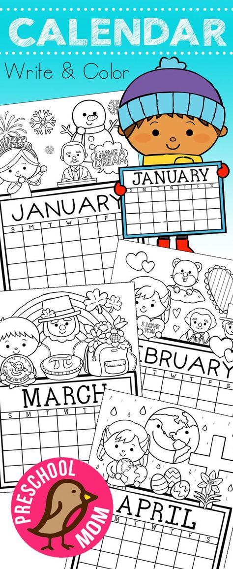 How Cute R These!? Free 12-Month set of Calendar for students to Write and Color. This set is super cute and features monthly themes and holidays. via @prekmoms School Calendar Printables, Kindergarten Calendar, Preschool Calendar, Free Monthly Calendar, September Calendar, Classroom Calendar, Cadeau Parents, Calendar Time, Printable Calendars