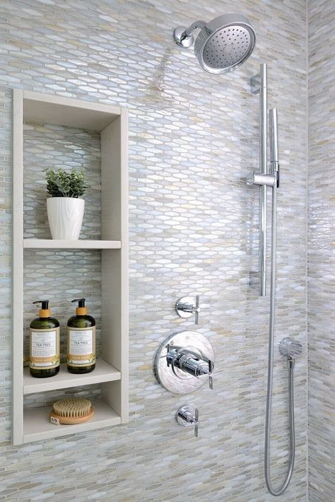 Stacked Shower Niche Ideas, How To Do A Shower Niche, Shower Niche Small Bathroom, Granite Shower Niche, 12x20 Shower Niche, Shower Niche On Faucet Wall, 3 Shelf Shower Niche, Bathroom Shower Niches, Shower Cutout Shelf Ideas