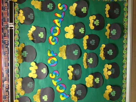 March Pots of Goals bulletin board Leasing Goal Board, Goals Bulletin Board, Sant Patrick, March Bulletin Board, Birthday Board Classroom, Work Bulletin Boards, Summer Bulletin Boards, Birthday Bulletin Boards, Birthday Bulletin