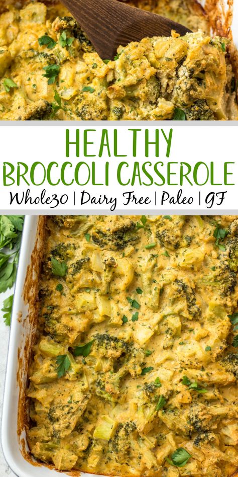 This healthy broccoli casserole recipe is perfect for an easy vegetable side dish for a weeknight dinner, or for a family holiday gathering like Easter! It's keto, Paleo, dairy free, Whole30 and vegetarian, so everyone can enjoy. It can be made with fresh broccoli, or is a great way to use frozen broccoli! The dairy free cheese sauce is quick to make, creamy and delicious! #healthybroccolicasserole #healthyeasterrecipes #dairyfree #whole30 #vegetablerecipes Healthy Broccoli Cheese Casserole, Whole 30 Vegetable Sides, Easy Casserole Recipes Dairy Free, Casserole Recipes For Dinner Dairy Free, Healthy Broccoli Rice Casserole, Dairy Free Keto Casserole, Non Dairy Vegetable Side Dishes, Non Dairy Casseroles, Whole 30 Frozen Meals