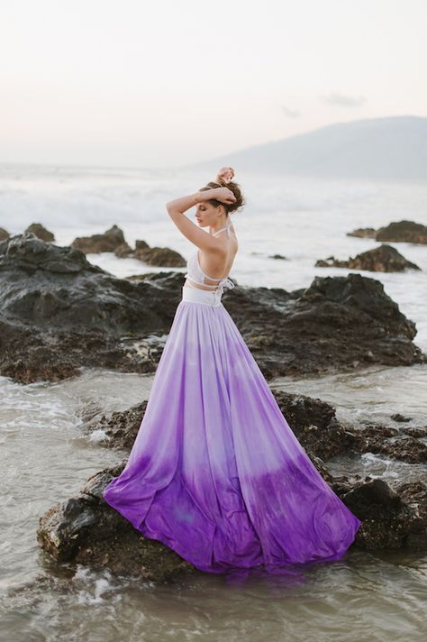 Ethereal Maui Wedding Inspiration - www.theperfectpalette.com - Natalie Franke Photography, Design and Styling by Opihi Love Dip Dye Wedding Dress, Dye Wedding Dress, Dye Projects, Ombre Skirt, Ombre Wedding Dress, 1940s Wedding, I'm Single, Violet Wedding, Purple Wedding Dress