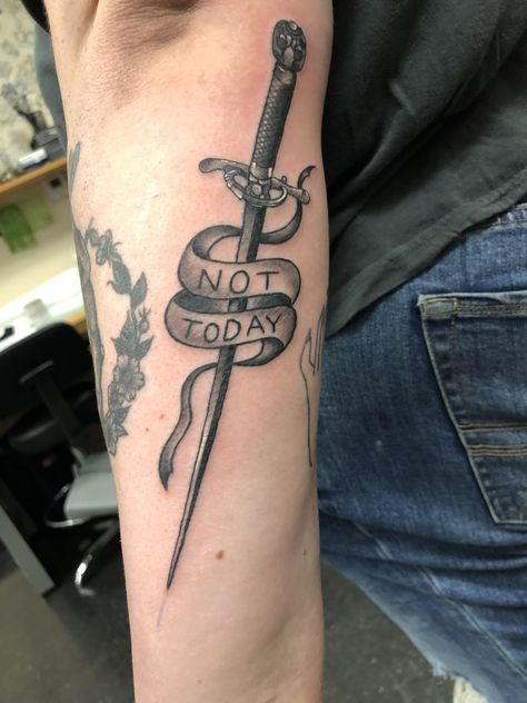 Arya Needle Tattoo, Game Of Thrones Needle Tattoo, Arya Stark Tattoo Ideas, Arya Tattoo, Not Today Tattoo, Arya Stark Tattoo, Tattoo Character, Random Tattoos, Arm Tattoos Drawing