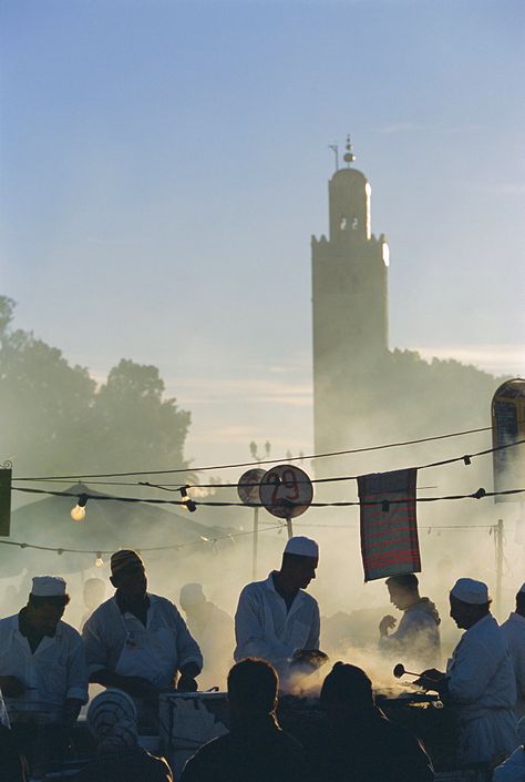 Stalls Djemma-el-Fna square, with the Koutoubia minaret behind, Marrakech, Morocco Morocco Moodboard, Vintage Morocco Aesthetic, Morroco Travel Photography, Morocco Nature, La Mamounia Marrakech, Morocco Street, Morocco Street Photography, Morocco Postcard, Morocco Photography