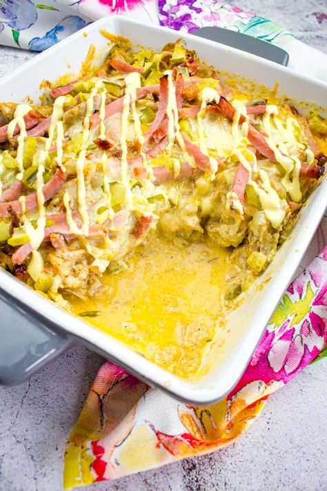 Loaded with all the flavors of a Cubano sandwich but without the carbs, this keto Cuban Casserole is meaty, cheesy, and unbelievably good! Keto Cuban Casserole, Keto Cuban Sandwich, Keto Cuban Recipes, Cuban Sandwich Casserole, Low Carb Spam Recipes, Leftover Pulled Pork Casserole, Cuban Casserole, Pulled Pork Casserole, Shredded Pork Recipes