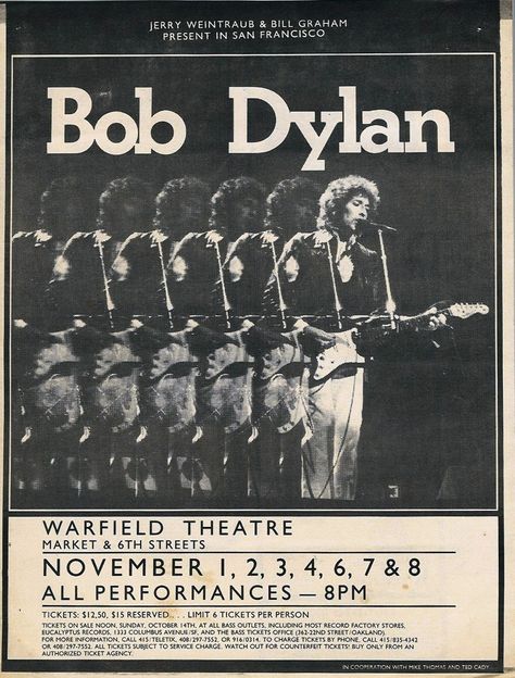 Poster for Bob Dylan's November 1979 performances at the Warfield Theater in San Francisco. Bob Dylan Poster, Dorm Posters, Rock Posters, Band Posters, Bob Dylan, Room Posters, The Animals, Concert Posters, Music Poster