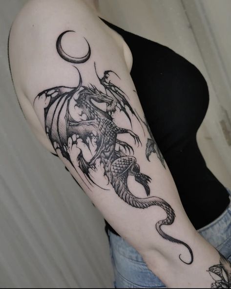 Fantasy Dragon Tattoo Sleeve, Dragon Tattoo Fantasy Mythical, Cool Dragon Tattoos For Women, Dragon Tattoo European, Medium Dragon Tattoo, Dark Rib Tattoo, Tattoo Ideas Mystical, Skeletal Dragon Tattoo, Dark Fine Line Tattoo