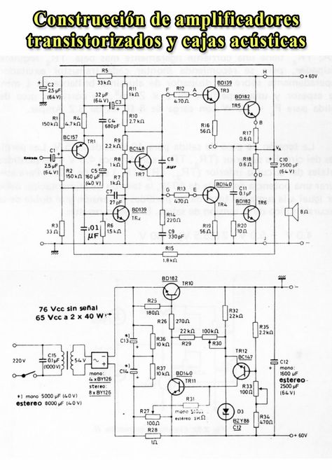 Manual de construcción de amplificadores y cajas acústicas, gratis en PDF. Power Amp, Audio Amplifier, Circuit Diagram, R5, Circuit, Audio, Electronics, Quick Saves