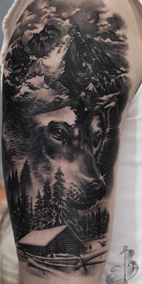 Realism Deer Tattoo, Wolf Mountain Tattoo Design, Wild Animals Tattoo, Forest Mountain Tattoo, Wolf Forest Tattoo, Mountain Sleeve Tattoo, Cabin Tattoo, Cool Nature Tattoos, Moutain Tattoos