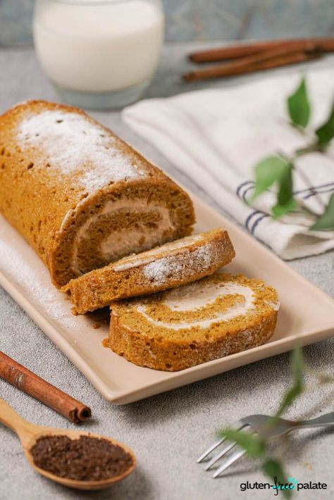 Treat yourself to a cozy Halloween with my delicious gluten-free pumpkin roll recipe! 🎃🍂 🍰✨ Whip up this treat for your Halloween party and watch as everyone goes back for seconds. #pumpkinroll #recipe #glutenfreepalate #glutenfree #halloweenrecipe #pumpkinrecipe #glutenfreebaking Gluten Free Pumpkin Roll Recipe, Gluten Free Desserts Cake, Gluten Free Pumpkin Roll, Almond Flour Pumpkin, Pumpkin Roll Recipe, Pumpkin Rolls, Gluten Free Recipes For Kids, Pumpkin Rolls Recipe, Gluten Free Pumpkin Bread