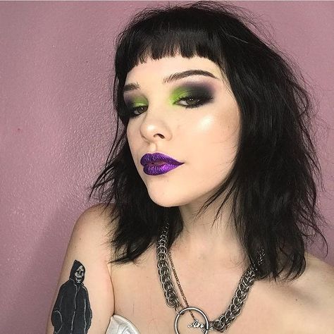 Angel @vivadrag in Chain o ring necklace from the shop! Alternative Fashion Choker Necklace, Alternative Fashion Chain Choker Necklace, Green Makeup Goth, Goth Drag Makeup, Ashley Renee, Green And Blue Goth Makeup, Dark Eyeshadow, Show Makeup, Bright Red Lipstick