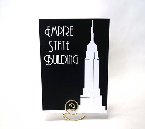 These Urban Chic table cards are the perfect accents for your NYC themed reception! Select from 45 different New York City famous landmarks silhouettes. (Please see the list below and chart above.)  1-3 days after placing your order, you will receive an Etsy message with digital proofs for your White On Black Art, City Wedding Decor, Themed Wedding Reception, New York Landmarks, Black Art Deco, Nyc Print, Staten Island Ferry, Seating Sign, Flatiron Building