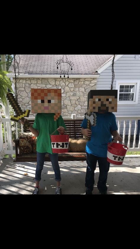 Steve and Alex Minecraft costumes. Steve And Alex Costume, Minecraft Alex Costume, Alex And Steve Minecraft Costume, Minecraft Family Costume, Minecraft Family Halloween Costumes, Alex Minecraft Costume, Adult Minecraft Costume, Homemade Steve Minecraft Costume, Diy Minecraft Halloween Costumes