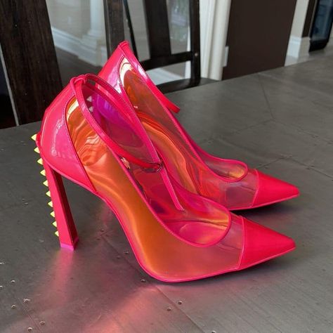 Aka Decorations, Expensive Heels, Hot Pink High Heels, Neon Shoes, Neon Heels, Shoes Heels Classy, Cute Shoes Heels, Fab Shoes, Ankle Strap Sandals Heels