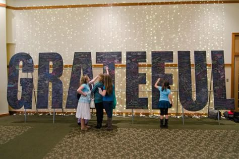 Giant Words straight on the walls or popping out slightly for dimension Thanksgiving Church Service Ideas, Church Prayer Wall, Church Lobby, Prayer Stations, Student Ministry, Prayer Station, Worship Art, Church Youth, Youth Room