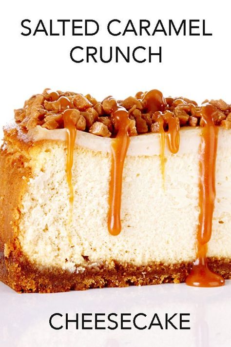 A buttery brown sugar and graham crust sits beneath a smooth and creamy cheesecake that's topped with a sour cream layer, toffee bits and homemade salted caramel sauce. #BiteMeMore #cheesecake #recipes Caramel Cheesecake Recipes, Homemade Salted Caramel, Crunch Recipe, Baked Cheesecake, Salted Caramel Cheesecake, Caramel Crunch, Best Cheesecake, Caramel Cheesecake, Salted Caramel Sauce