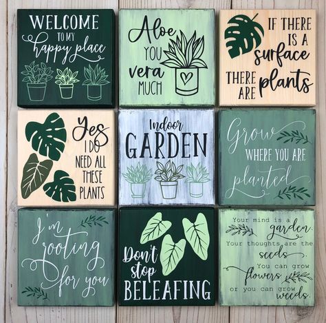 "The perfect addition to your indoor garden, these rustic mini signs go great on any shelf, mantle, or tiered tray. They can stand alone, lean, or a sawtooth hanger can be added for mounting on the wall. Each mini sign is handcrafted with love and care from scratch from new wood, sanded smooth, and painted your color choice. Each mini sign is about 4.5\" wide, 4.5\" tall, and 3/4\" deep. Each one will be lightly sealed for protection against minor scuffs and scratches. How to create your custom Indoor Garden Decor, Plant Signs, Shelf Mantle, Mini Signs, Garden Illustration, Laser Ideas, Garden Mini, Garden Quotes, Plant Decor Indoor