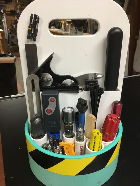 Pvc Tool Storage, Diy Wood Tool Caddy, Pvc Power Tool Holder, Plastic Bucket Tool Caddy, Electrician Tool Bag Haus Of Tools, Diy Desktop, Tool Box Diy, Van Racking, Garage Tool Organization