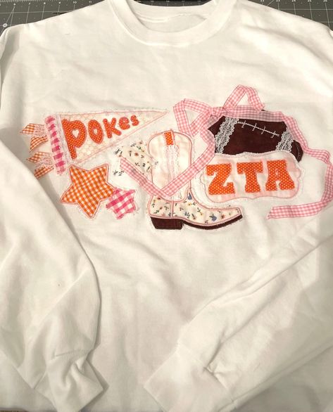 Sorority Pin Attire, Patchwork School Sweatshirt, Pennant Hoodie Diy, Diy College Merch, Patchwork College Sweatshirt, Cute Sorority Merch, Pennant Sweatshirt, Neutral Sweatshirt, School Pennant