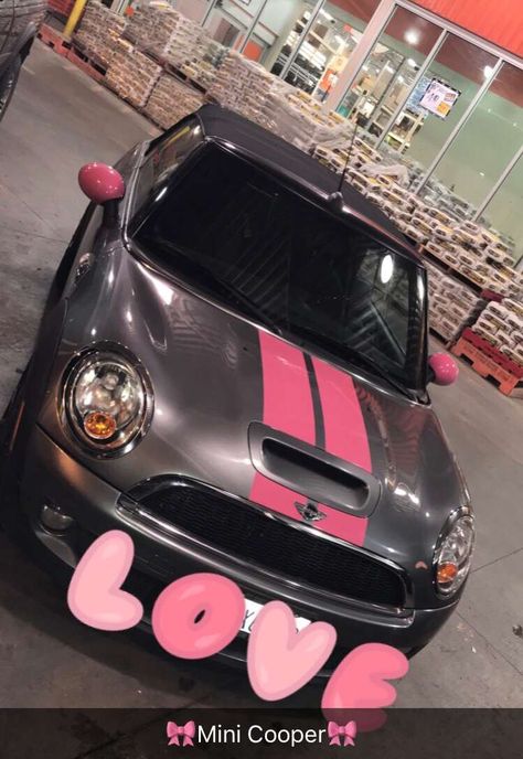 My Mini Cooper 🎀 Mini Cooper Modifications, Pink Mini Cooper, Pink Mini Coopers, Mini Cooper Graphics, Mini Cooper Accessories, Auto Graphics, Behind The Couch, Car Stripes, Pink Cars