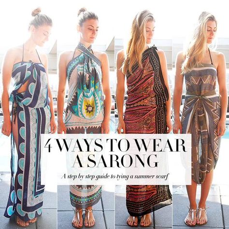 http://www.harpersbazaar.com/fashion/fashion-articles/how-to-tie-a-sarong How To Tie A Sarong, Sarong Tying, Sarong Dress, Sarong Wrap, Sarong Skirt, Beach Sarong, Bali Fashion, Fashion Articles, Summer Scarves