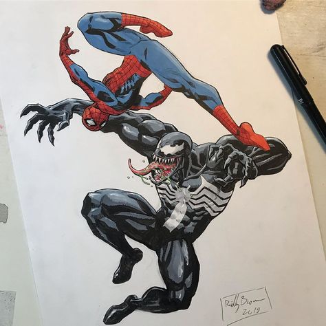 Venom Vs Spiderman Drawing, Spider Man Vs Venom Drawing, Spiderman Ink Drawing, Spiderman And Venom Drawing, Venom Art Drawing, Drawing Ideas Spiderman, Spiderman And Venom, How To Draw Spiderman, Venom Drawing