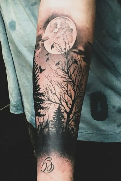 Tattoo Ideas For Men Tattoo Trees Arm, Outdoor Scene Tattoo, Forest Skull Tattoo, Men Elbow Tattoo Ideas, Spooky Forest Tattoo, Forest Sleeve Tattoo Women, Nature Sleeve Tattoo For Men, Forest Arm Tattoo, Sillouttes Tattoos