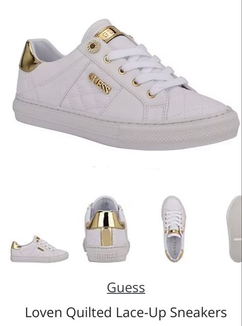 White. From Guess, the Loven Quilted Sneakers feature: • Synthetic upper with allover quilted detail • Lace up closure • Gold-tone hardware details & logo • Fabric lining • Rubber outsole • Flat heel Casual Footwear, Flat Sneakers, Wardrobe Essentials, Unique Style, Casual Shoes, Fashion Shoes, Fashion Forward, Latest Trends, Skin Care