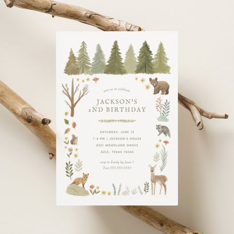 Invite friends and family to celebrate your little birthday with this sweet invitation, featuring a forest scene with woodland animals and pine trees. Explorer Birthday Party, Animals Birthday Invitation, Forest Birthday Party, Woodland Animal Birthday, Animal Birthday Invitation, Forest Birthday, 1st Birthday Party Invitations, Baby Boy First Birthday, Animals Birthday