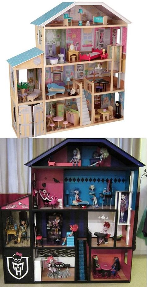 Lol Doll House Makeover, Monster High House Diy, Monster High Furniture Diy, Diy Monster High Dollhouse, Monster High Doll House, Monster High Bedroom, Monster High Dollhouse, Monster High House, Diy Barbie House