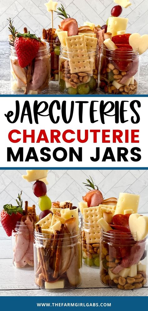 Do you love making charcuterie boards? Why not personalize them. Jarcuterie Mason Jars are a fun alternative to a charcuterie board. These mason jar appetizers are individually portioned in mason jars. They are an easy party idea to serve at your next gathering. Fill these mason jars with your favorite cheeses, meats and condiments for a perfectly portioned snack idea. These Charcuterie Mason Jars are your own personal charcuterie board. Snack In A Jar, Jarcuterie In A Jar Ideas Christmas, Jar-cuterie Ideas, Jar Charcuterie Board, Mason Jar Appetizers, Jarcuterie In A Jar Ideas, Mason Jar Food Ideas, Jar Appetizers, Jarcuterie Ideas