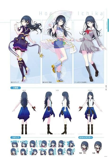 From pjsk artbook Hatsune Miku Outfits, Ichika Hoshino, Character Turnaround, Drawing Sheet, Character Model Sheet, Reference Sheet, Star Cards, Anatomy Poses, Body Poses