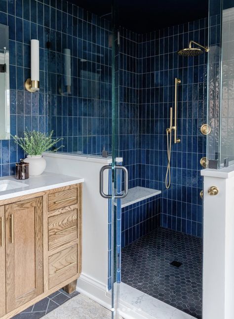 35 Beautiful Shower Curb Ideas For A Functional Bathroom Blue Tile Ensuite, Small Bathroom With Walk In Shower Ideas Blue, Blue Subway Tile Bathroom Ideas, Blue Tiles Bathroom Ideas, Deep Blue Bathroom Ideas, Dark Blue Tile Shower Ideas, Blue Walk In Shower Ideas, Blue Tile Showers, Shower Tile Ideas Walk In Small