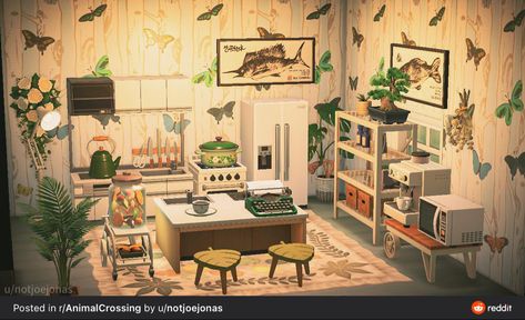 Kitchen Animal Crossing, Acnh Interior, Tropical Kitchen, Acnh Inspiration, Acnh Ideas, Acnh Inspo, Island Ideas, Green Kitchen, Qr Codes