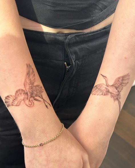 cranes to adorn georgie! 𓅥 thanks for the trust with ur first tattoos! Crane Wife Tattoo, Crane Tattoo Arm, Sandhill Crane Tattoo, Cranes Tattoo, Body Doodles, Crane Drawing, First Tattoos, Wife Tattoo, Crane Tattoo