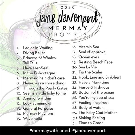 MerMay creative prompts! – Jane Davenport Mermay Prompt 2023, Artist Prompts, Mermay Prompt, Jane Davenport Watercolors, Illustration Prompts, Inktober Prompts, Artist Block, Sketchbook Prompts, Homemade Journal