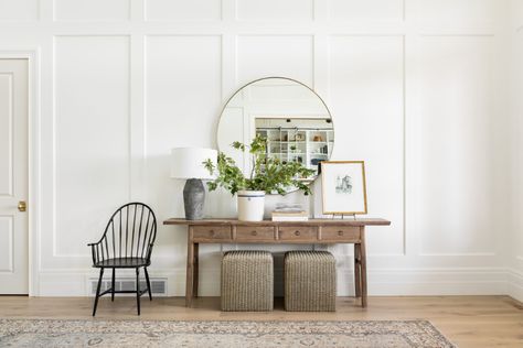 Home on The Ranch: Entry Library & Mudroom - Studio McGee Entrance Way Mirror, Entryway Ideas Studio Mcgee, Studio Mcgee Entry Table, Entry Way With Bench And Table, Entry With Chair, Studio Mcgee Hallway, Puff Seating, Entryway With Seating, Studio Mcgee Entry