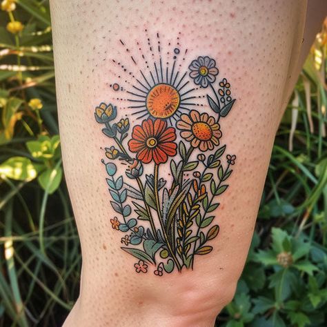 Fun Traditional Tattoos, Traditional Ankle Tattoo, Wildflower Stencil, American Traditional Flowers, Fall Wildflowers, Tattoo Sizes, Electric Tattoo, Dark Tattoos, American Traditional Tattoo Ideas