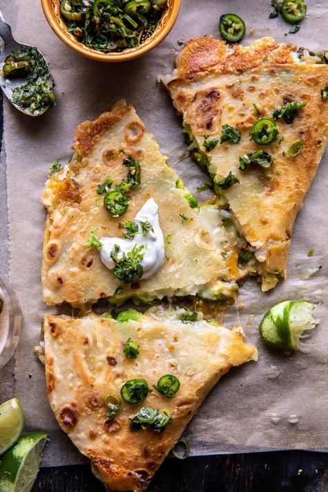 Cheesy Green Chile and Avocado Rice Quesadillas | halfbakedharvest.com Cilantro Lime Salsa, Vegetarian Gourmet, Vegetarian Quesadilla, Avocado Rice, Half Baked Harvest Recipes, Roasted Poblano Peppers, Homemade Flour Tortillas, Smashed Avocado, Harvest Recipes