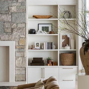 Asymmetrical Built Ins Design Ideas White Fireplace Mantels, Grey Stone Fireplace, White Built Ins, Transitional Living Room Design, Living Room Built Ins, Fireplace Built Ins, White Fireplace, Cottage Living Rooms, Transitional Living