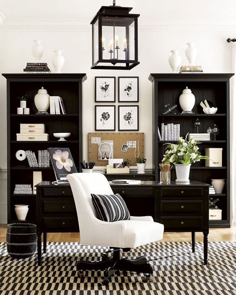 Black And White Home Office, White Home Office, Black And White Office, Black And White Home, Large Bookcase, Tall Bookcase, Cozy Home Office, White Office, Black And White Decor