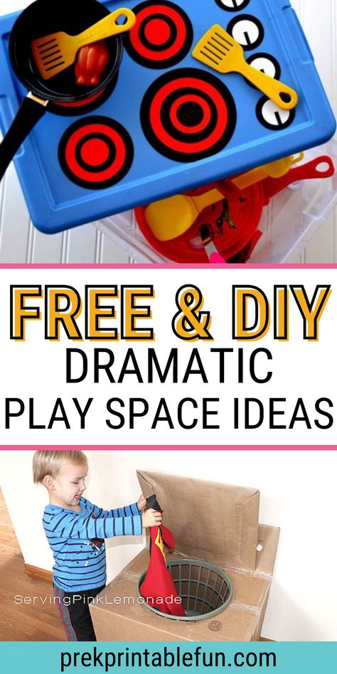 Purchasing items for your dramatic play space doesn't have to break the bank! Below you find some of my favorite free and DIY Ideas for your Dramatic Play Space, shared by our readers and found around the web! Home Center Preschool Dramatic Play, Small Dramatic Play Area, Building Dramatic Play, Simple Dramatic Play Ideas, Dramatic Play Kitchen Ideas, Diy Dramatic Play Ideas, Diy Dramatic Play Center, House Dramatic Play, Diy Dramatic Play