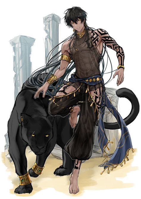 Cat Male Character Design, Leopard Oc Human, Snow Leopard Oc Male, Egyptian Oc Male, Lion Hybrid Human, Black Panther Oc, Snow Leopard Oc Human, Snow Leopard Human Hybrid, Egyptian God Character Design