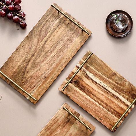 These trays are made from Acacia wood giving them their beautiful natural appearance. Acacia is a durable wood with a detailed grain that makes any item made with it a reminder of the beauty of nature. The sleek handles give the trays a modern appearance Ideal for entertaining or every day use. Get lost in the beauty o Wooden Serving Boards, Kitchen Tray, Wooden Kitchen Utensils, Wooden Pattern, 3d Cnc, Breakfast Tray, Dessert Tray, Wooden Serving Trays, Wooden Texture