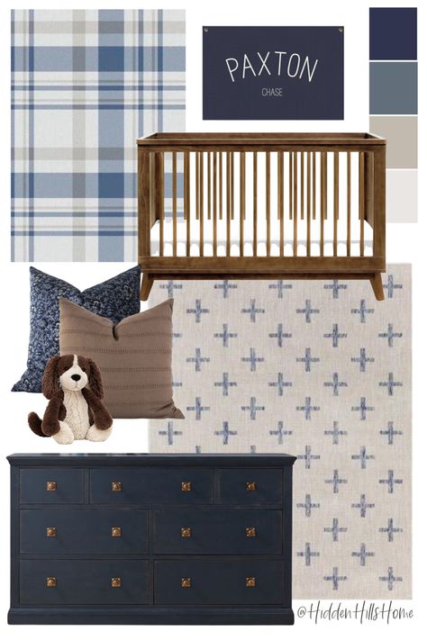 Baby boy nursery decor mood board with navy blue and brown tones Navy Dresser Nursery, Navy And Tan Nursery, Navy Blue Crib Nursery, Wallpaper For Boy Nursery, Brown And Blue Nursery, Baby Boy Nursery Blue And Gray, Navy Crib Nursery, Masculine Nursery Baby Boy, Baby Blue Boy Nursery