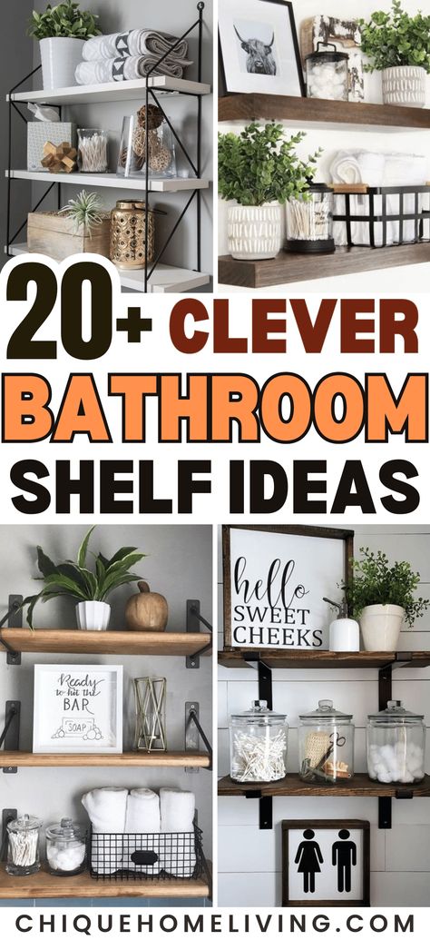 Elevate your bathroom with our curated collection of 20+ Clever Bathroom Shelf Decor Ideas. From smart storage solutions to aesthetic displays, discover ways to enhance both style and functionality in your bathroom. Whether you're into minimalist elegance or eclectic vibes, these ideas offer inspiration for creating a bathroom that is both clever and charming. Dive into the guide and turn your bathroom shelves into a stylish focal point. 🚿✨ #BathroomDecor Shelfs For Bathroom Over Toilet, Style Bathroom Shelves Over Toilet, Bathroom Small Shelf Decor, Over The Toilet Shelves Decor, Ways To Decorate Bathroom, Unique Bathroom Shelving Ideas, Bathroom Decor Floating Shelves, Bathroom Functional Decor, Bathroom Wall Shelf Ideas Above Toilet