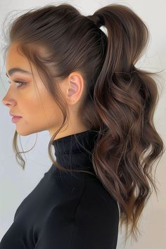 Ponytail For Wavy Hair, Extension Ponytail Hairstyles, Wavy Ponytail Hairstyles, Dinner Hair, Middle Part Curly Hair, Brunette Bangs, Fancy Ponytail, Intricate Hairstyles, Homecoming Poses