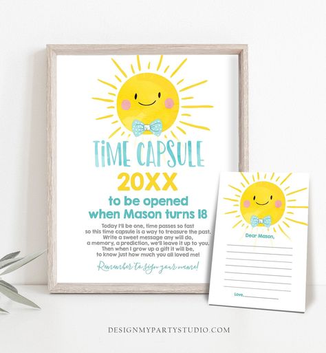 Editable Sunshine Time Capsule First Birthday Party Little Sunshine Blue Bow Tie Boy Birthday Summer Guestbook Template Printable Corjl 0141 Time Capsule First Birthday, Sunshine First Birthday, Digital Sign, Barnyard Party, Birthday Summer, Digital Signs, Blue Bow Tie, Matching Cards, Sweet Messages